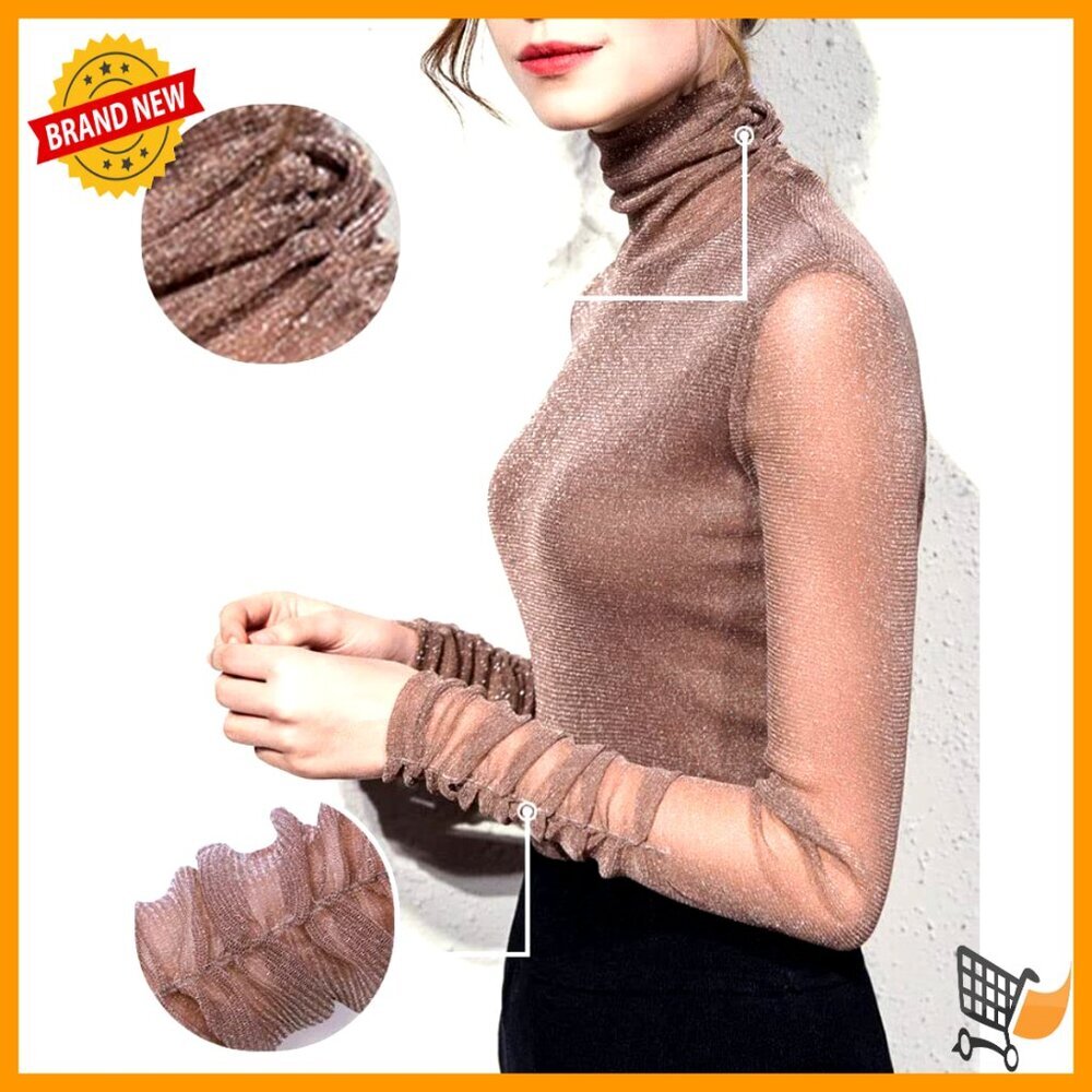 Mesh Sheer Turtleneck Top Slim Fit Long Sleeve Chic Y2K Casual Blouse - Picture 3 of 6